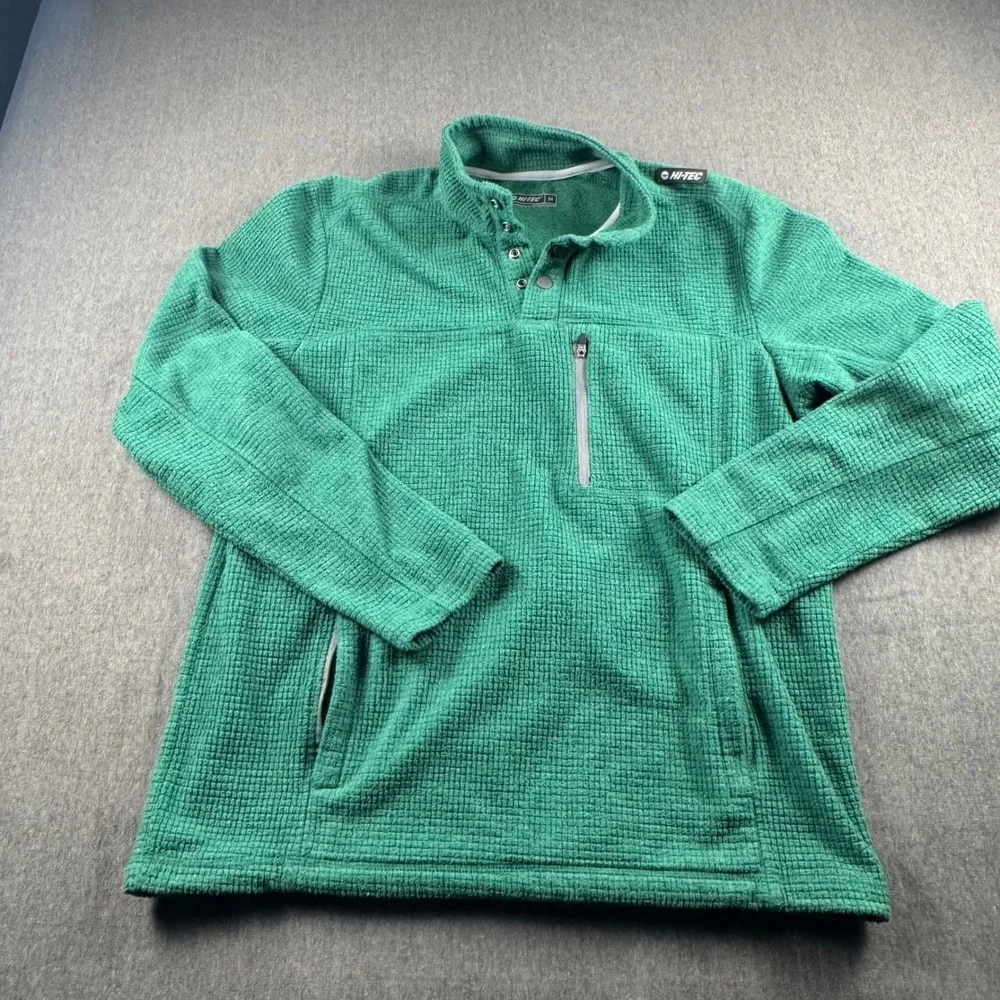 Hi-Tec Mens Green Waffle Grid Fleece Snap Neck Pullover Sweater Size M